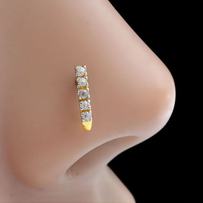Vertical 18K Real Gold White CZ Nose pin nose ring Push Pin