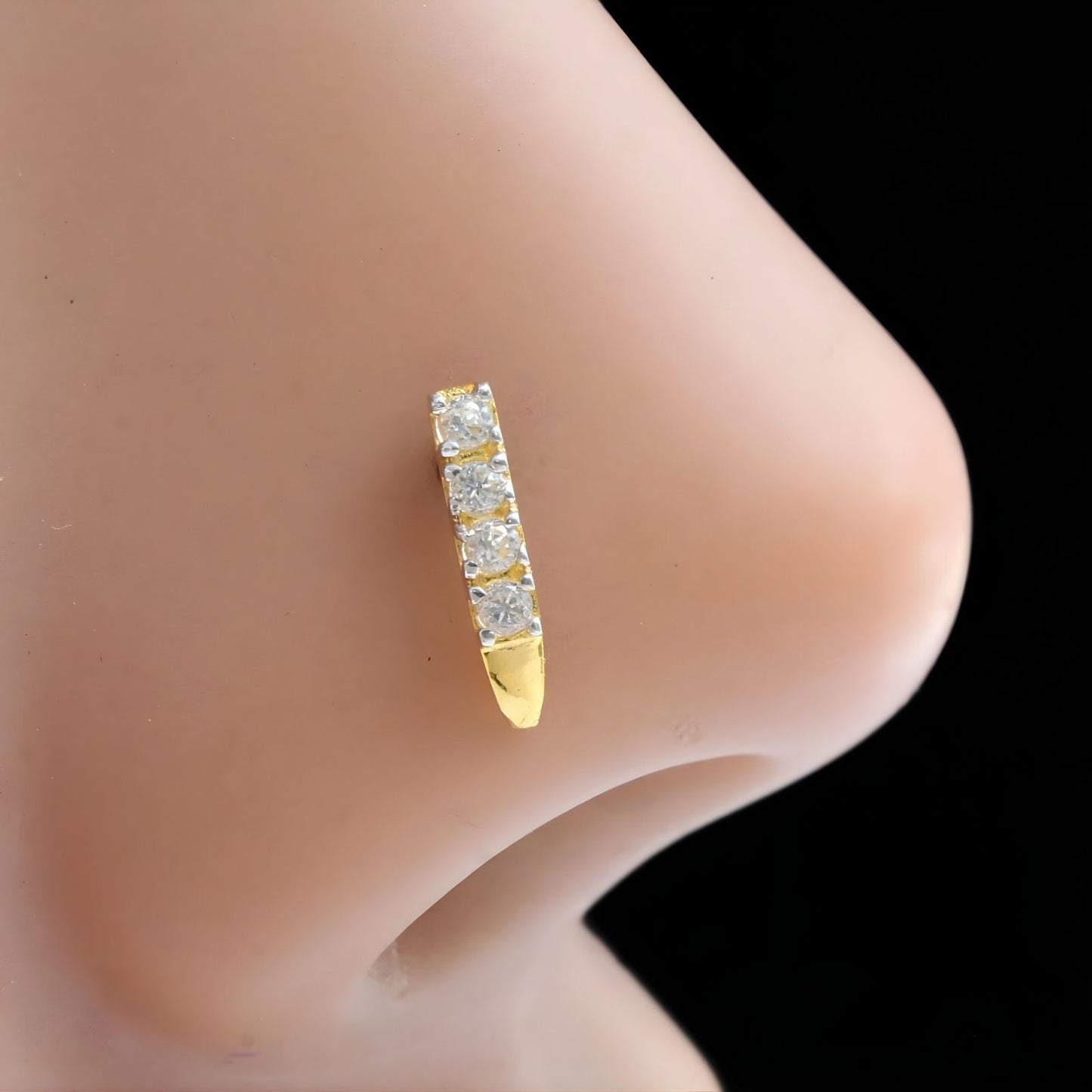 Vertical 18K Real Gold White CZ Nose pin nose ring Push Pin