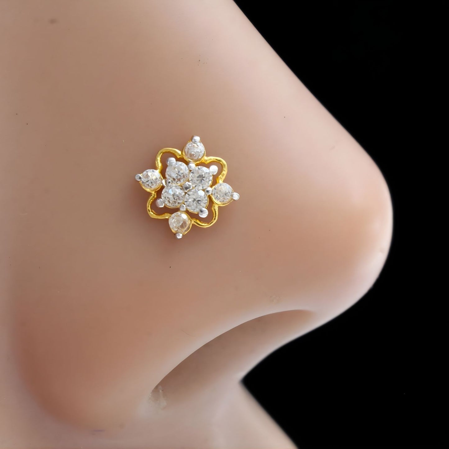 Cute floral 18K Real Gold White CZ Nose pin nose ring Push Pin