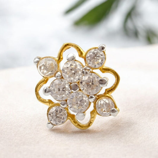 Cute floral 18K Real Gold White CZ Nose pin nose ring Push Pin