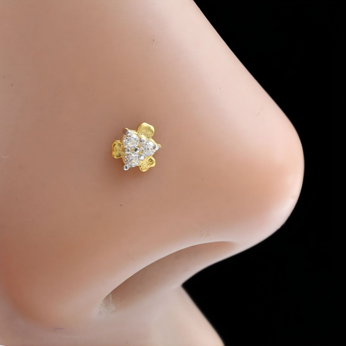 Tiny floral 18K Real Gold White CZ Nose pin nose ring Push Pin