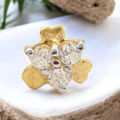 Tiny floral 18K Real Gold White CZ Nose pin nose ring Push Pin