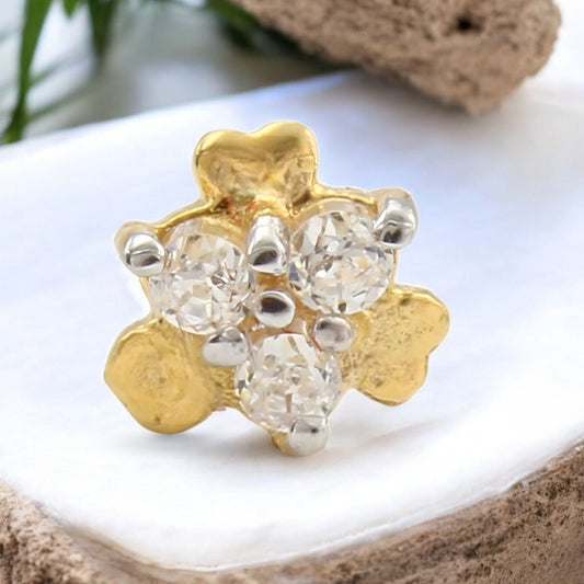 Tiny floral 18K Real Gold White CZ Nose pin nose ring Push Pin