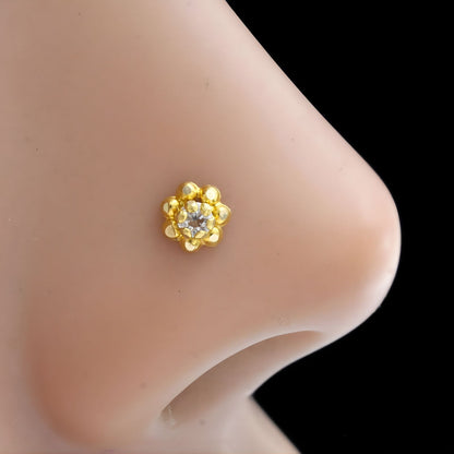 Small floral 18K Real Gold White CZ Nose pin nose ring Push Pin