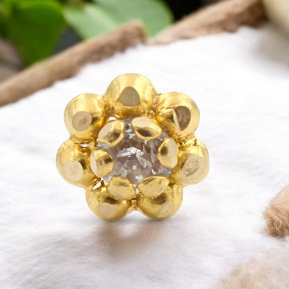 Small floral 18K Real Gold White CZ Nose pin nose ring Push Pin