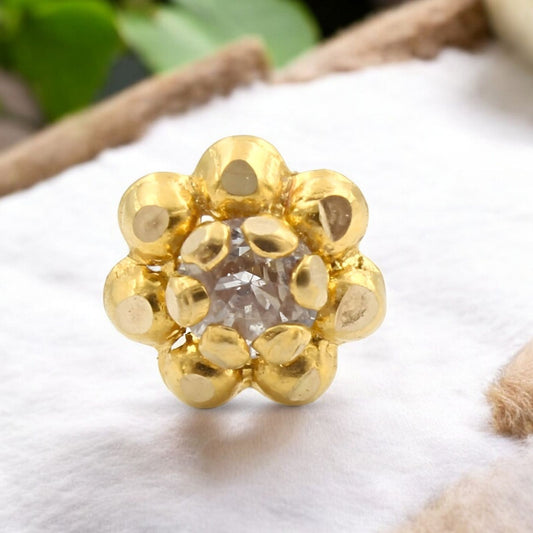 Small floral 18K Real Gold White CZ Nose pin nose ring Push Pin