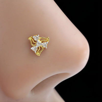 Cute 18K Real Gold White CZ Nose pin nose ring Push Pin