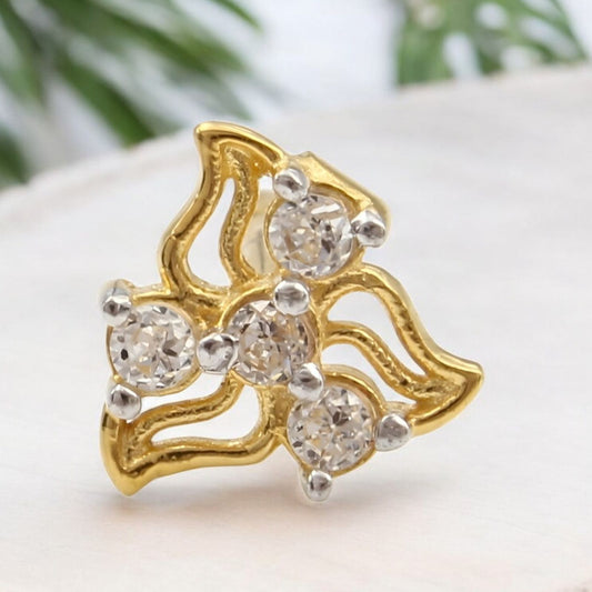 Cute 18K Real Gold White CZ Nose pin nose ring Push Pin