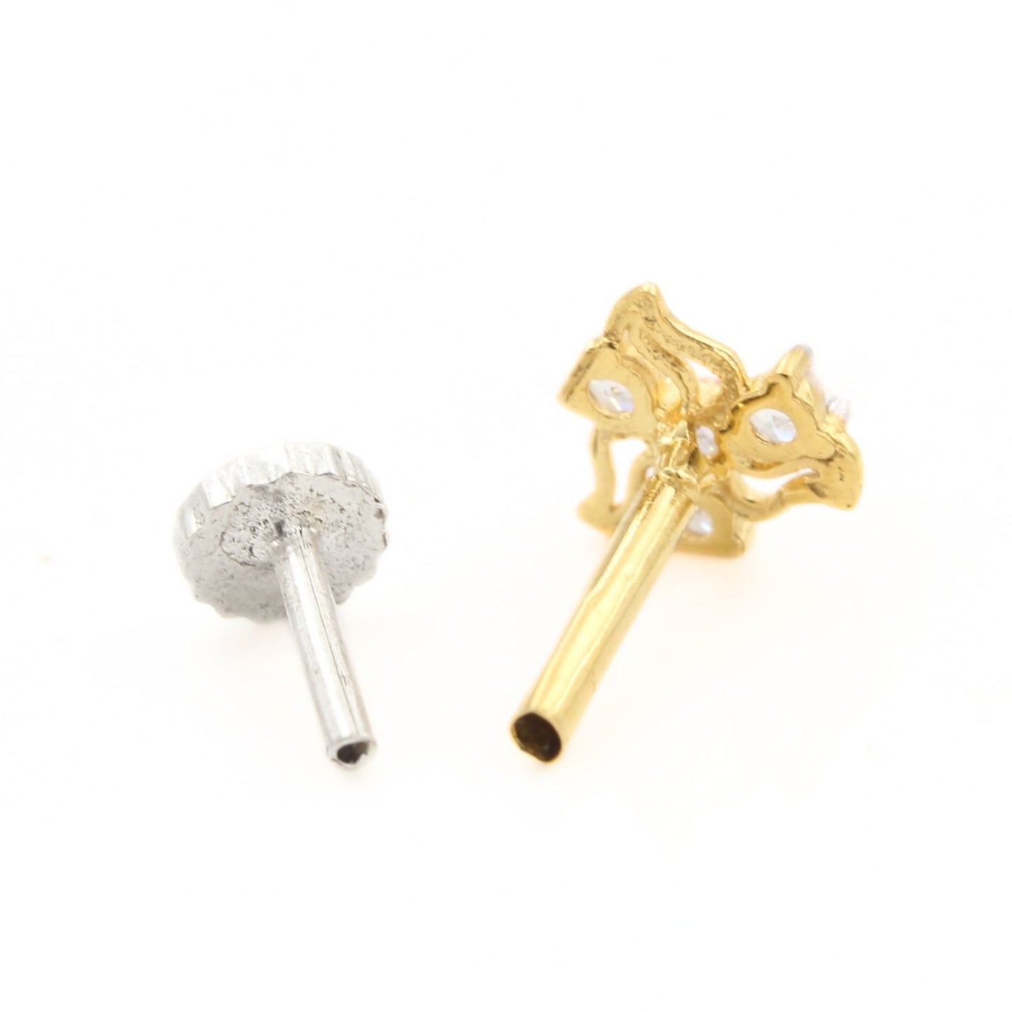 Cute 18K Real Gold White CZ Nose pin nose ring Push Pin