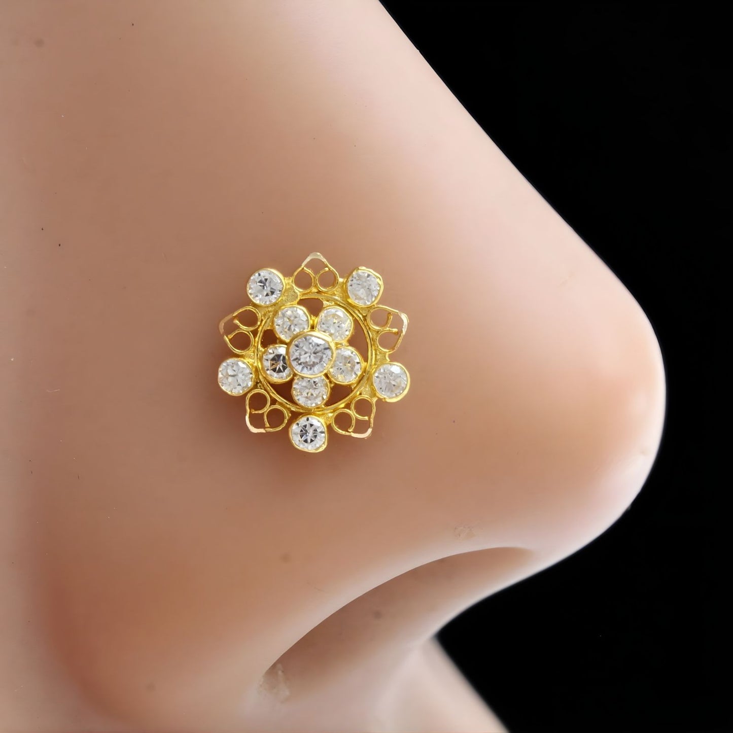 Divine 18K Real Gold White CZ Nose pin nose ring Push Pin