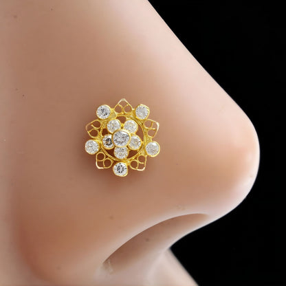 Divine 18K Real Gold White CZ Nose pin nose ring Push Pin