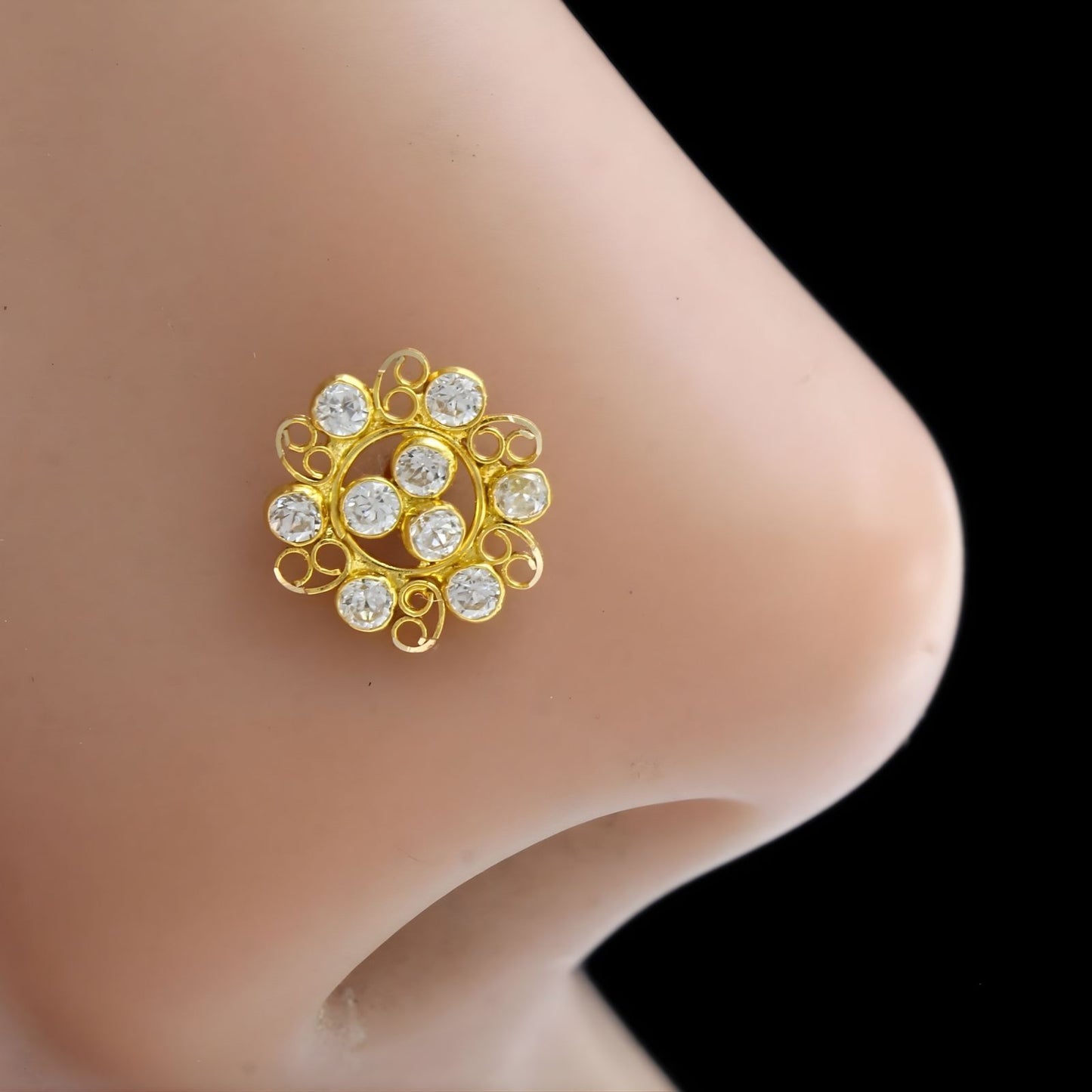 Floral style 18K Real Gold White CZ Nose pin nose ring Push Pin