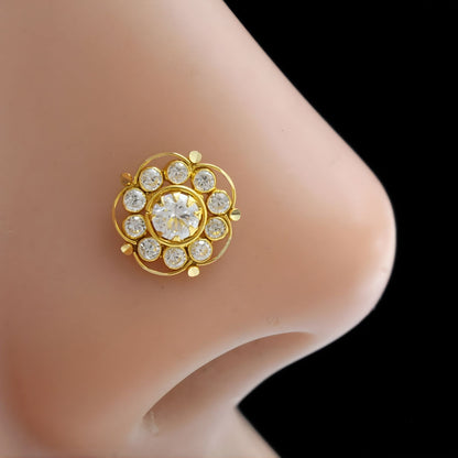 Flower style 18K Real Gold White CZ Nose pin nose ring Push Pin