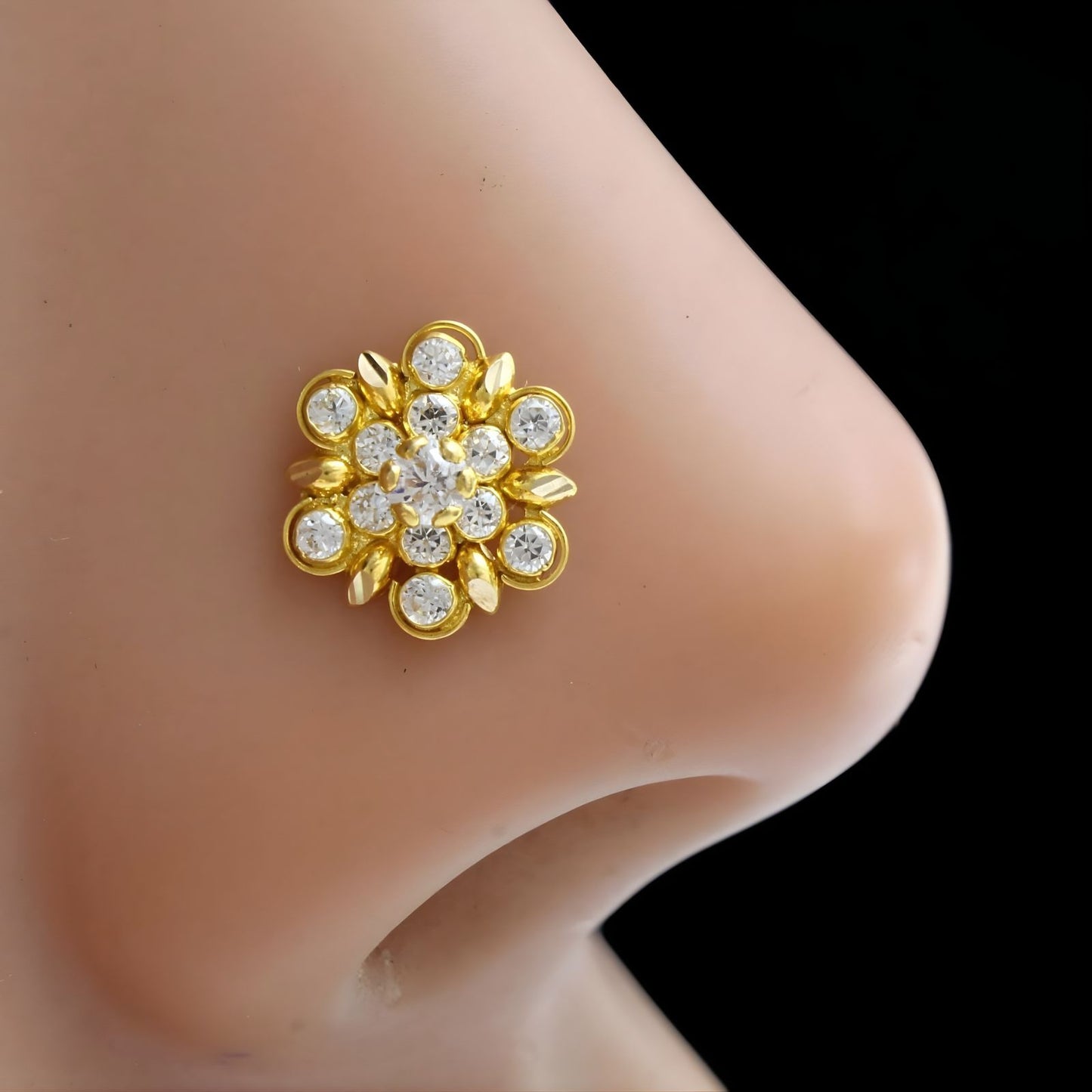 Cute 18K Real Gold White CZ Nose pin nose ring Push Pin