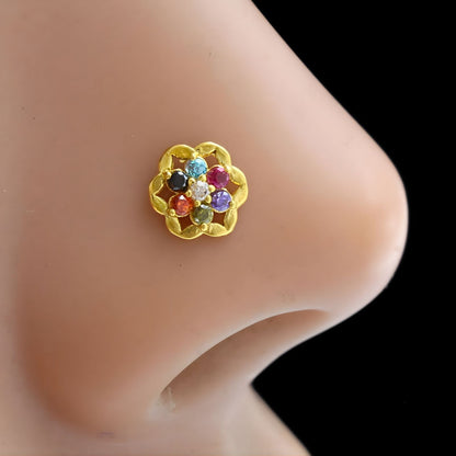 Floral 18K Real Gold Multi CZ handmade Nose pin nose ring Push Pin