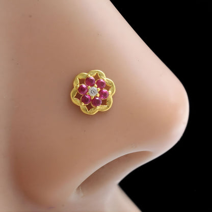 Ethnic floral 18K Real Gold Pink White CZ Nose pin nose ring Push Pin