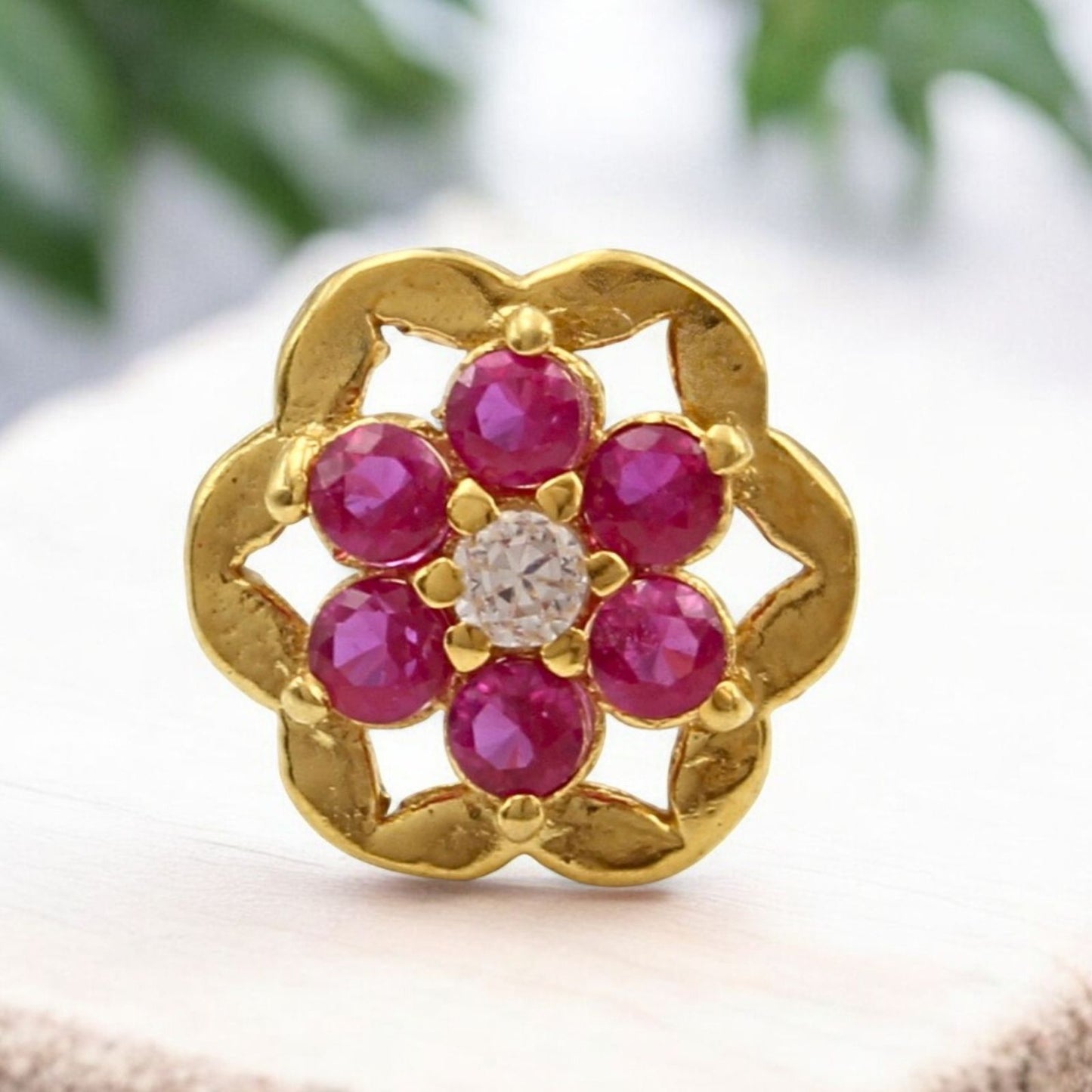 Ethnic floral 18K Real Gold Pink White CZ Nose pin nose ring Push Pin