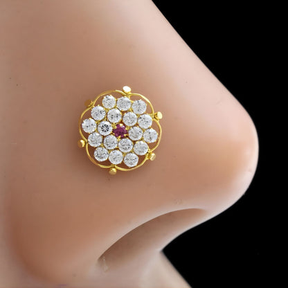18K Real Gold Pink White CZ Divine Nose pin nose ring Push Pin