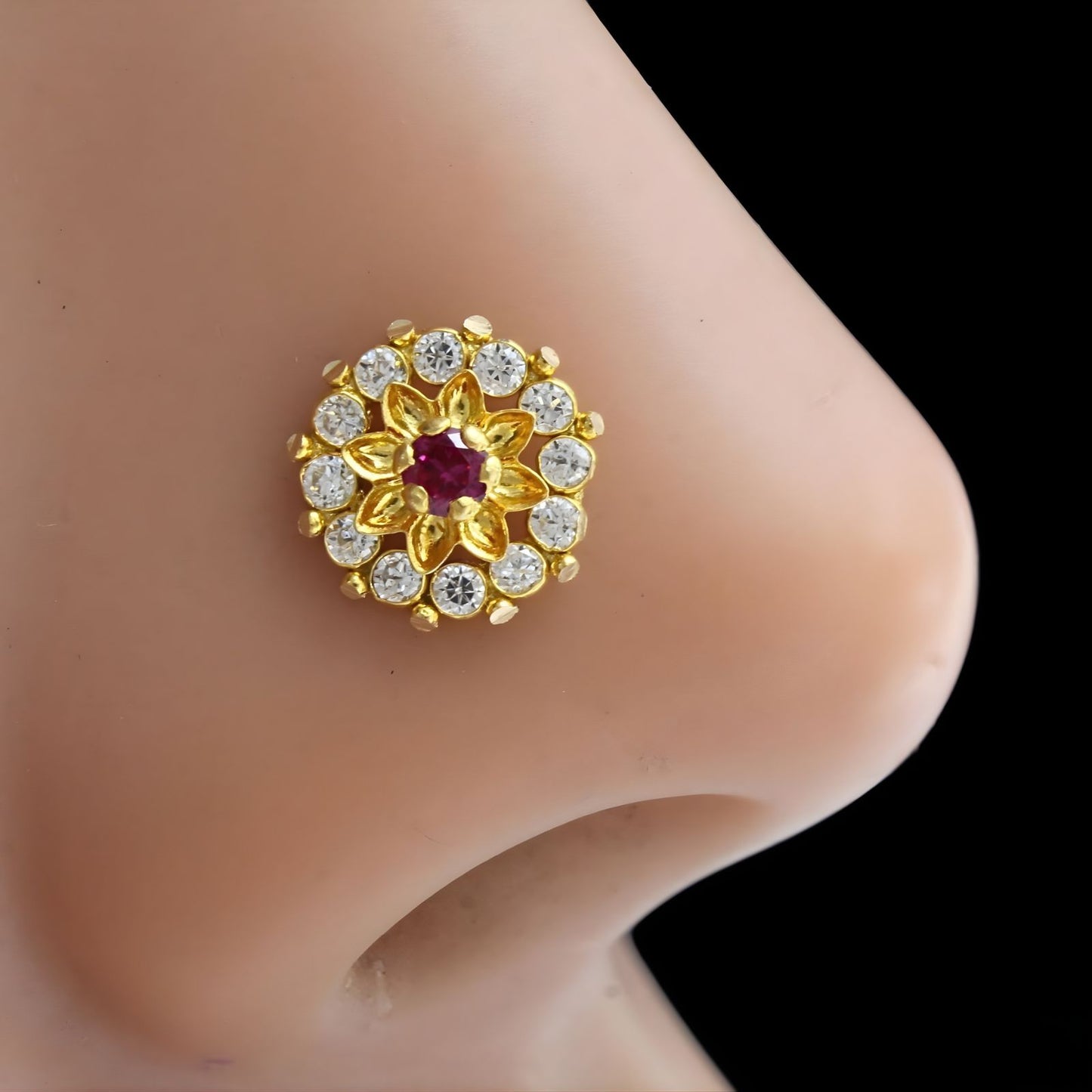 Party wear 18K Real Gold Pink White CZ Nose pin nose ring Push Pin