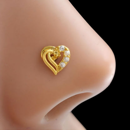 Heart shape 18K Real Gold Clear White CZ Nose pin nose ring Push Pin