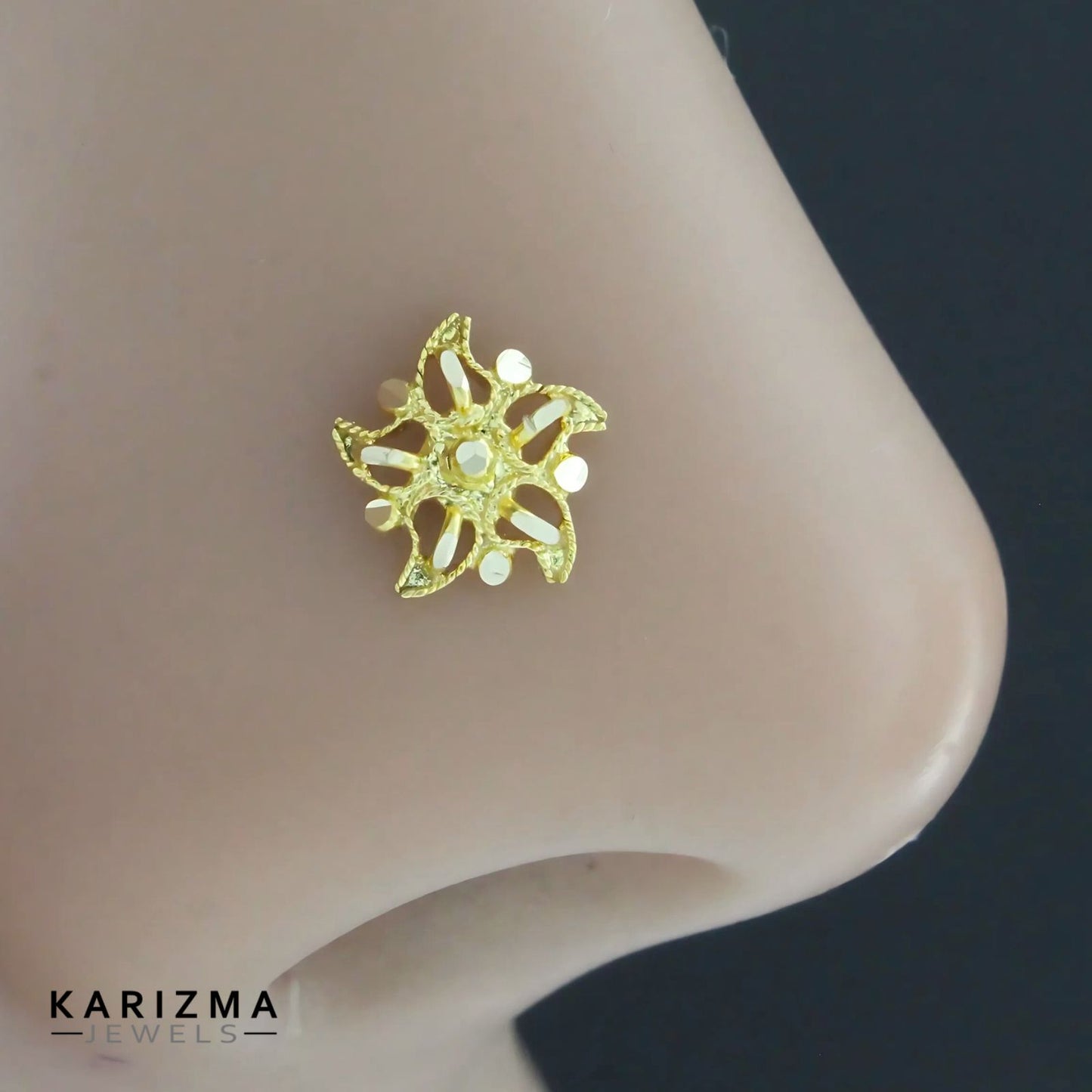 14K Real Gold Women floral star design Push Pin Nose Pin