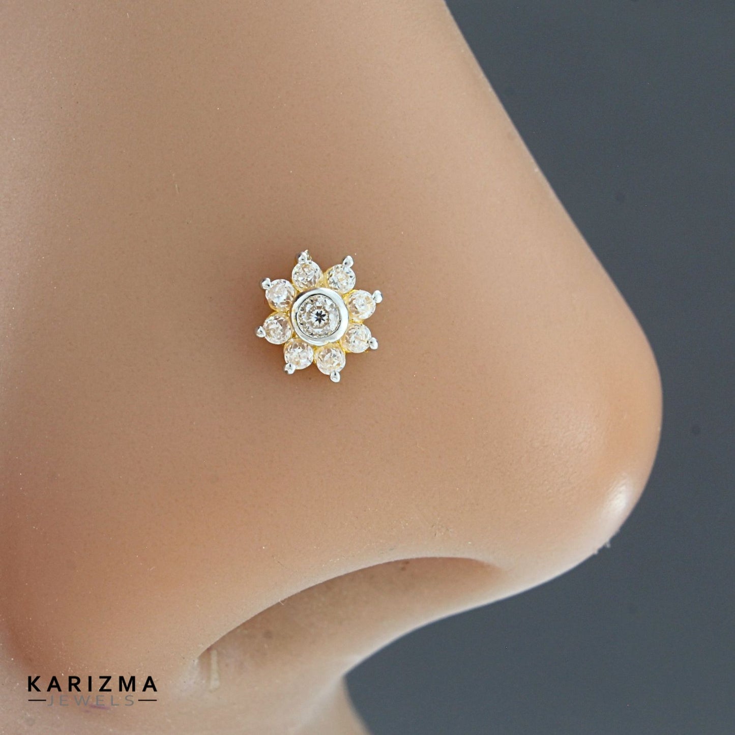 18K Real Gold Women White CZ regular wear Nose Pin nose ring Push Pin