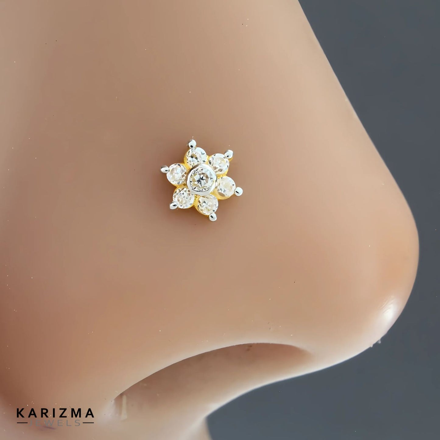 18K Real Gold Women White CZ star shape  Nose Pin nose ring Push Pin