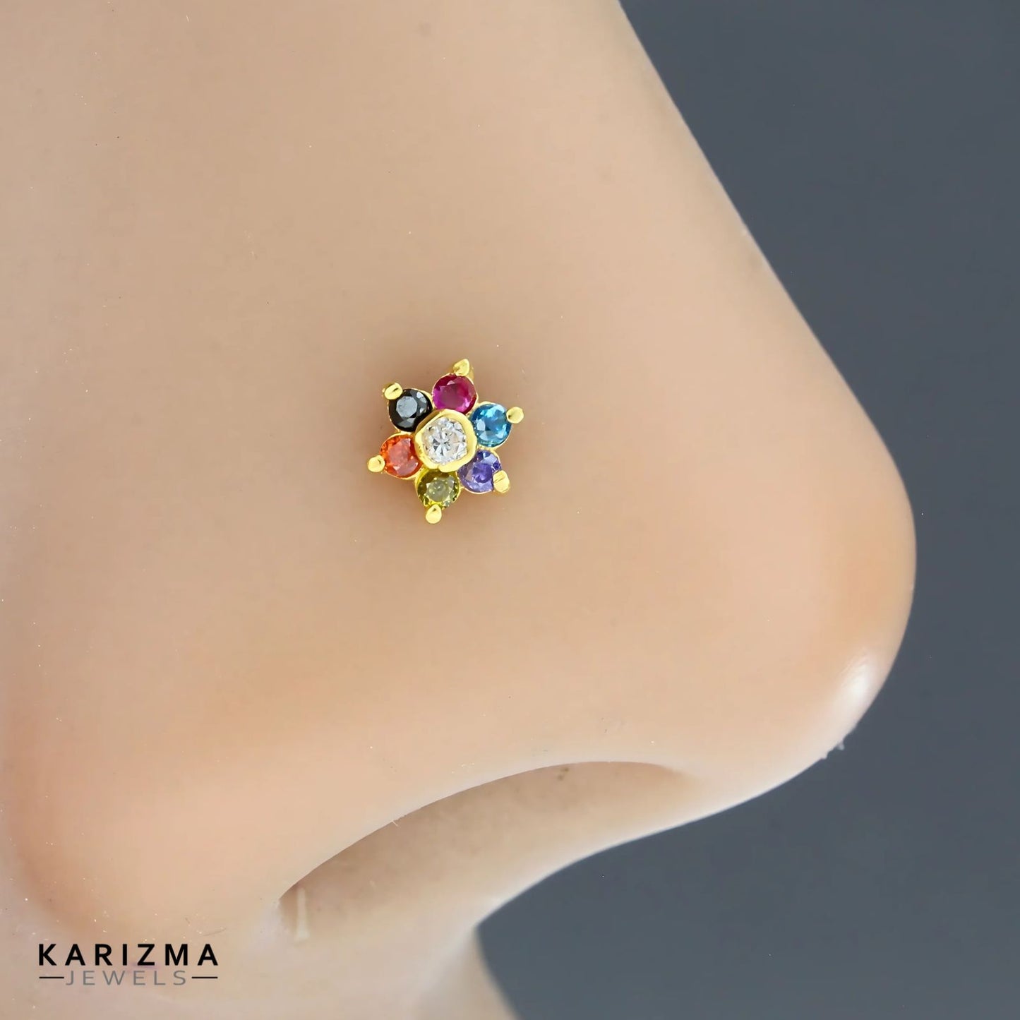 Cute 18K Real Gold Women Multi CZ star shape  Nose Pin nose ring Push Pin