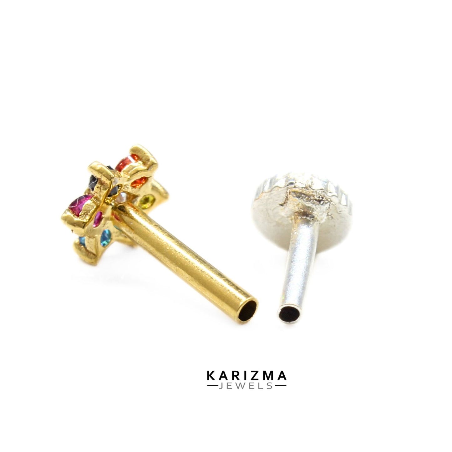 Cute 18K Real Gold Women Multi CZ star shape  Nose Pin nose ring Push Pin