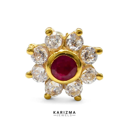 Floral style 18K Real Gold Women Pink White CZ Nose Pin nose ring Push Pin