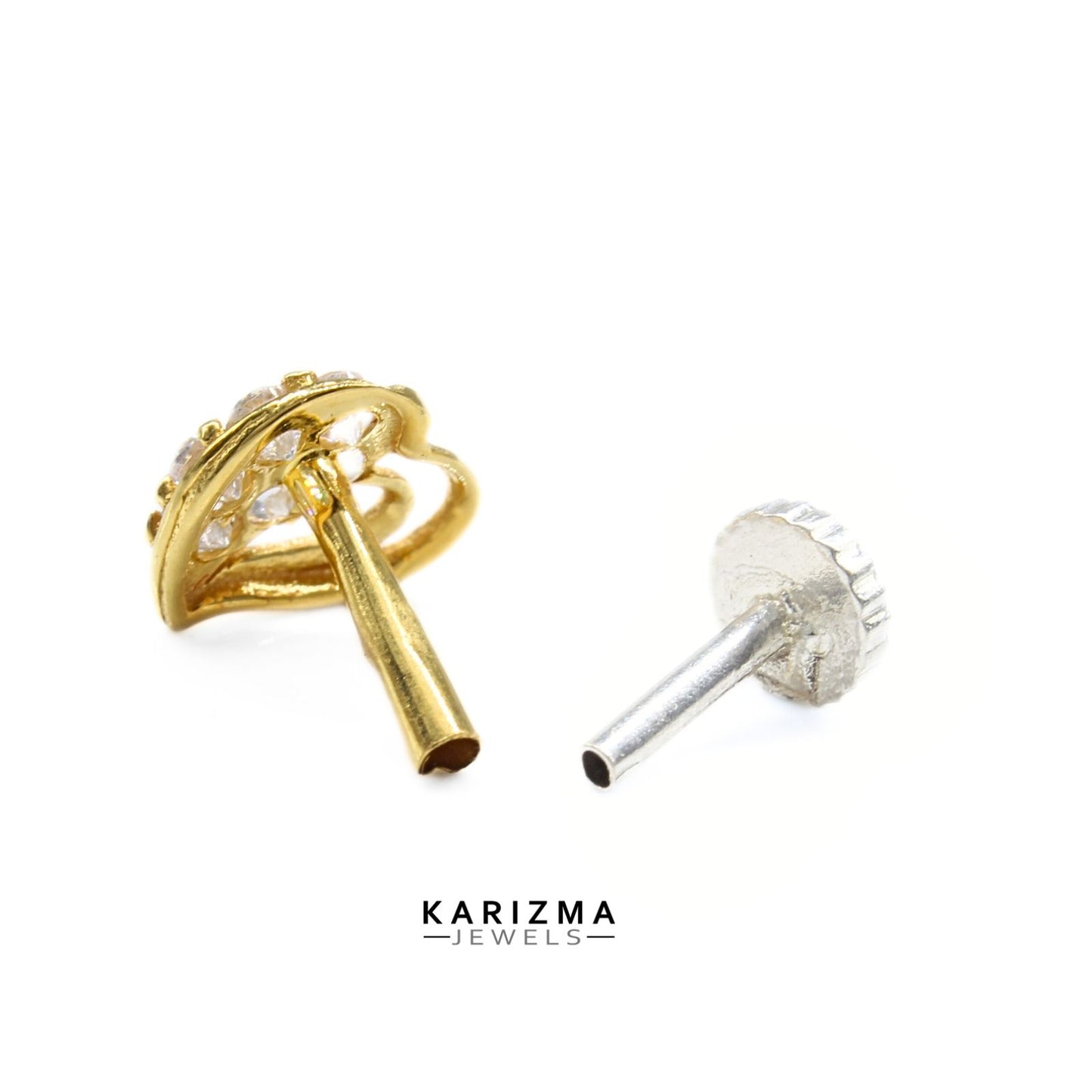 18K Real Gold Women White CZ Heart Shape daily wear Nose Pin nose ring Push Pin