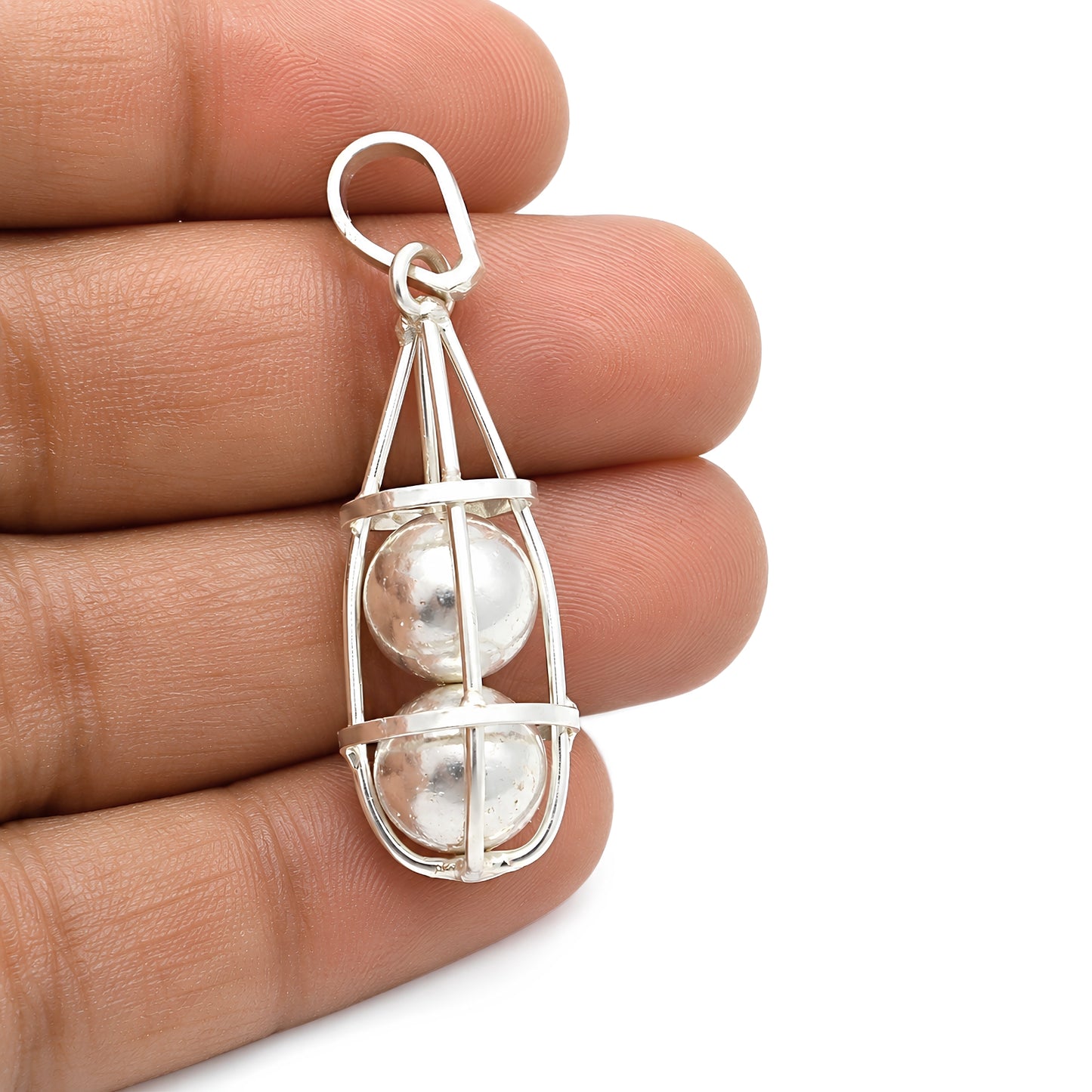 Silver Cage Double Ball Healing Pendant – Nazar Shield Evil Eye Protection Yantra