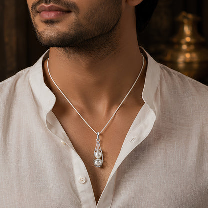 Silver Cage Double Ball Healing Pendant – Nazar Shield Evil Eye Protection Yantra