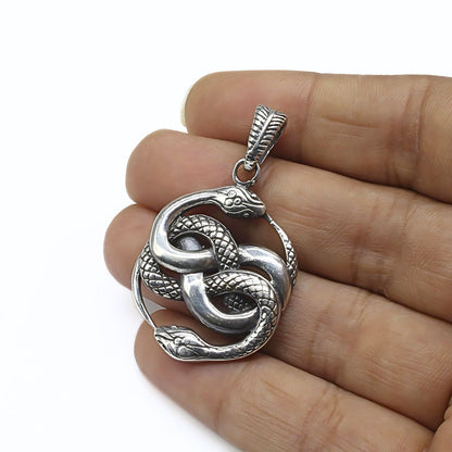 925 Real Silver Auryn Double Coiled Two-headed Snake Unisex Pendant