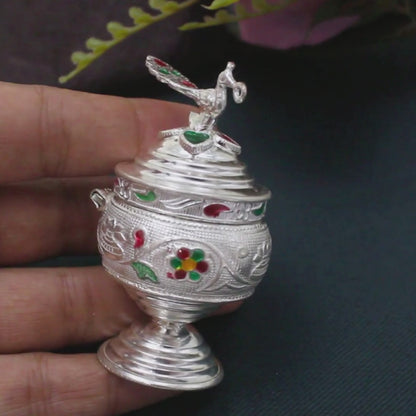 Real Silver Honey Container Enamel peacock design Dibbi for Red Book Remedy