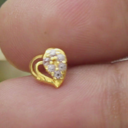 18K Real Gold Women White CZ Heart Shape daily wear Nose Pin nose ring Push Pin