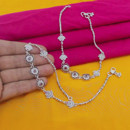 925 Sterling Silver Women’s Paisley Jhanjhar – Pink CZ Oxidized Anklet