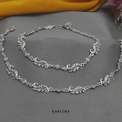 Boho style 925 Sterling Silver white CZ Oxidised women payal Anklet Pair 10.3"