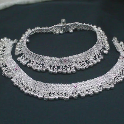 Real Silver Cultural Design Women Jhanjhar Pink CZ Anklet – Pair 10 inch