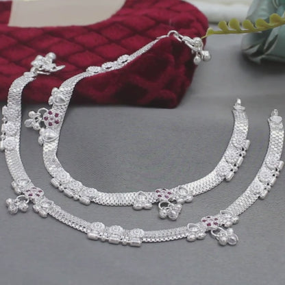 Real Sterling Silver women Pink CZ  brides collection Anklet Ankle Bracelet 10.3"