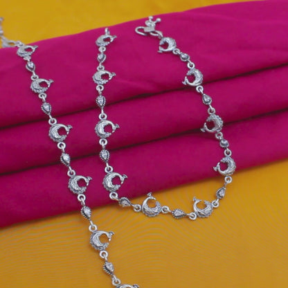Traditional Peacock Anklet Pair – 925 Sterling Silver Oxidized Design, 10.5 Inch