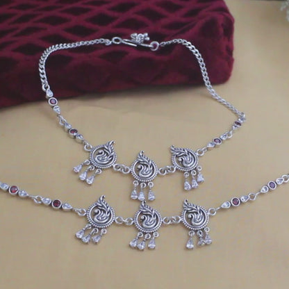 925 Sterling Silver women Orange White CZ Oxidised peacock payal Anklet Pair 10.3"