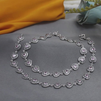 925 Sterling Silver Women Pink CZ Oxidised Hearts payal Anklet Pair 10.3"