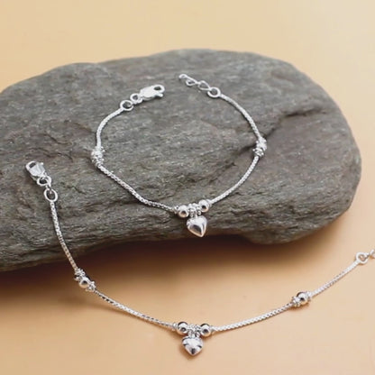 925 Sterling Silver New Born Baby Heart Charm Anklet Payal - 6 inch