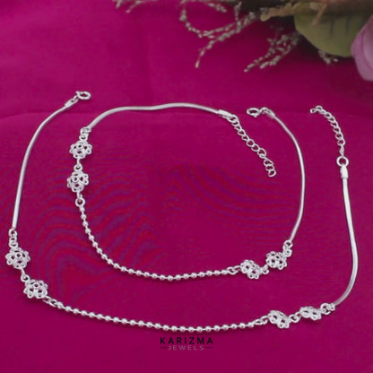 Real Silver Filigree Flower and Ball Chain Payal Anklet for Women