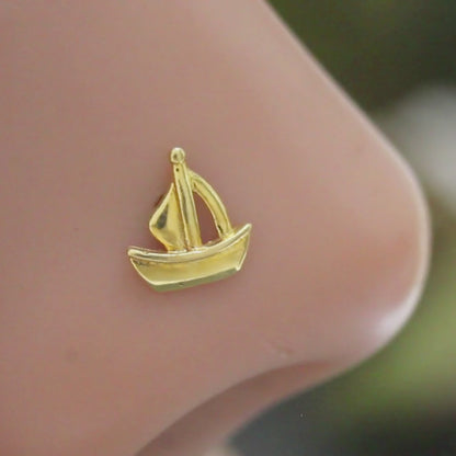 18K Real Gold unique trendy Sailboat women Nose pin cum Earring Gold Screw Back
