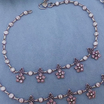 925 Sterling Silver women Pink White CZ boho style Oxidised Anklets Pair 10.7"
