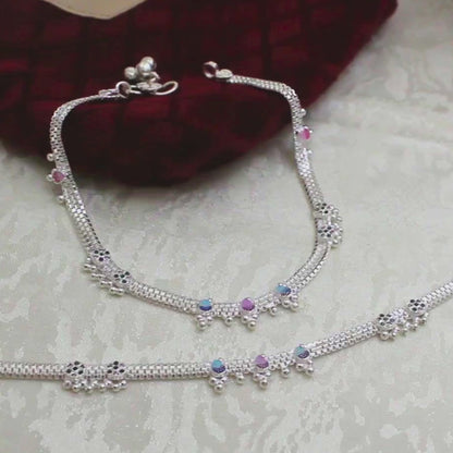Real Silver Blue Pink  CZ Women Anklet - Meenakari Silver Payal