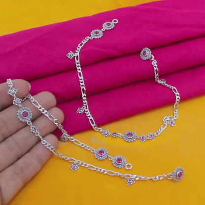 Pink CZ Figaro Chain Anklet Pair – 925 Sterling Silver Oxidized Payal 10.3 inch