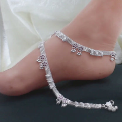 Real Sterling Silver women Pink CZ Stylish Anklet Ankle Pair 10.3"